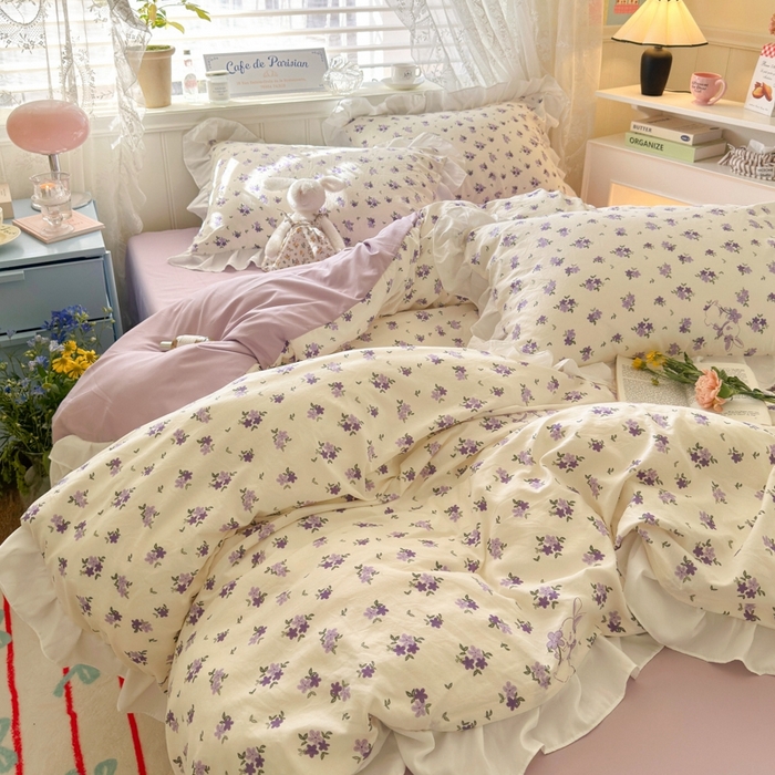 91家纺网 家纺一手货源 找家纺 慕澄家纺 2025新款法式浪漫风花边款水洗棉四件套 花边款-兔寻花