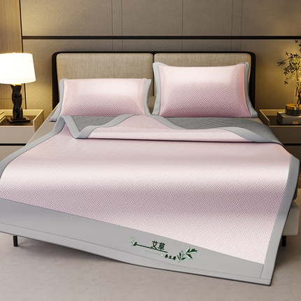 阿牛席业 2025新款水洗冰晶系列-宽头绣复三明治条席 饼干花-粉-反面三明治款条席