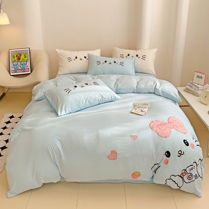 逸尚阁 2025新款可爱猫咪贴布绣水洗棉四件套【提供买家秀】 可爱猫咪-天蓝