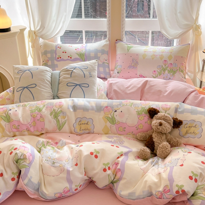 91家纺网 家纺一手货源 找家纺 Sweet dreams甜梦 2025新款全棉印花卡通小清新四件套 郁金香小狗