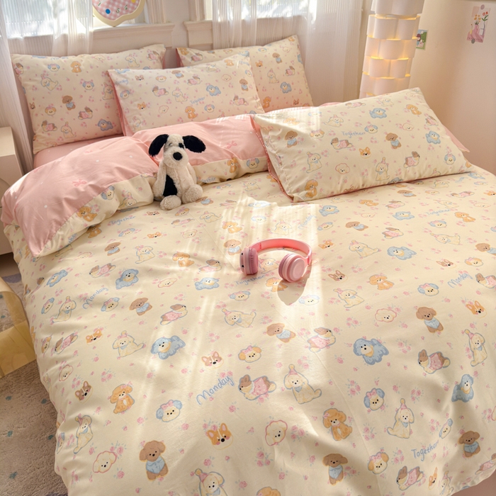 91家纺网 家纺一手货源 找家纺 清雅福 2025全棉13372小清新四件套和单品早春系列第一批 - 单被套 狗狗家族