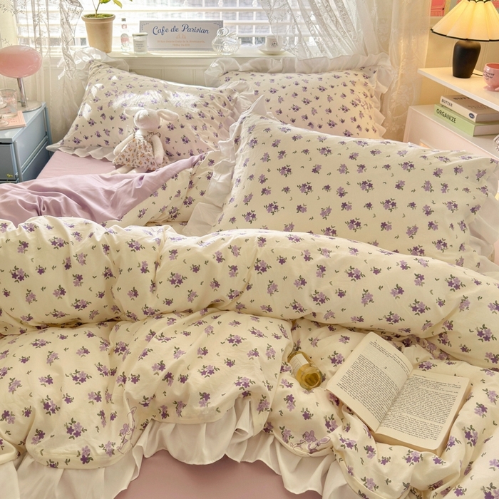 91家纺网 家纺一手货源 找家纺 慕澄家纺 2025新款法式浪漫风花边款水洗棉四件套 花边款-兔寻花