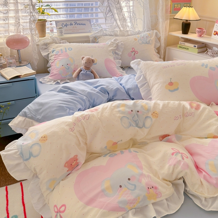 91家纺网 家纺一手货源 找家纺 慕澄家纺 2025新款法式浪漫风花边款水洗棉四件套 花边款-小象