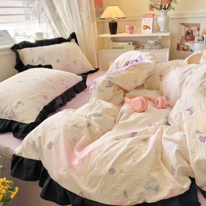 91家纺网 家纺一手货源 找家纺 慕澄家纺 2025新款法式浪漫风花边款水洗棉四件套 花边款-觅蝶