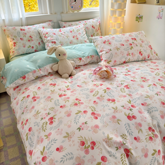 91家纺网 家纺一手货源 找家纺 清雅福 2025全棉13372小清新四件套和单品早春系列第一批 - 单被套 繁樱似梦