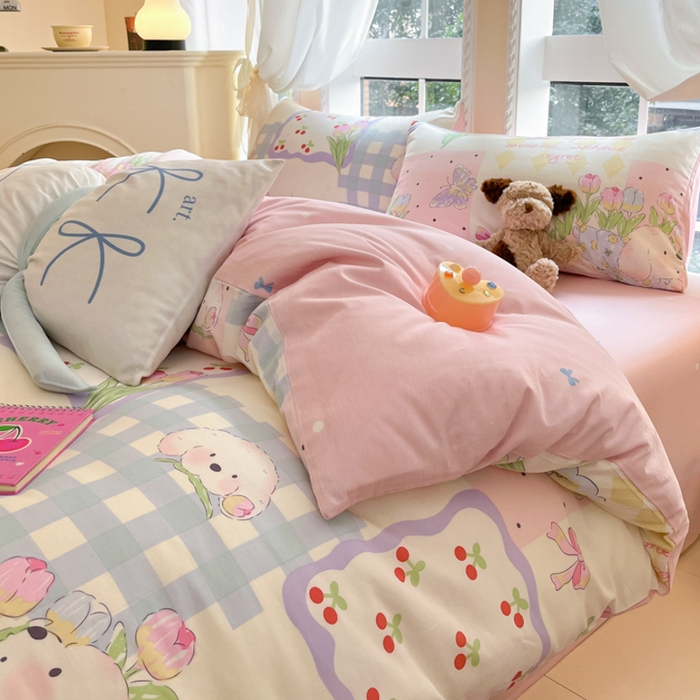 91家纺网 家纺一手货源 找家纺 Sweet dreams甜梦 2025新款全棉印花卡通小清新四件套 郁金香小狗