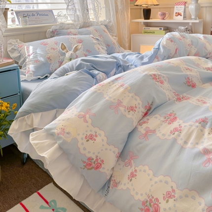 慕澄家纺 2025新款法式浪漫风花边款水洗棉四件套 花边款-蓝色花语