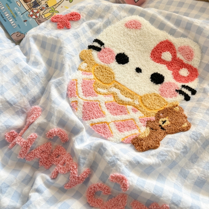 91家纺网 家纺一手货源 找家纺 葡萄家 2025专版高克重超萌卡通格子双拼毛巾绣软糯糯水洗棉四件套 冰淇淋KT