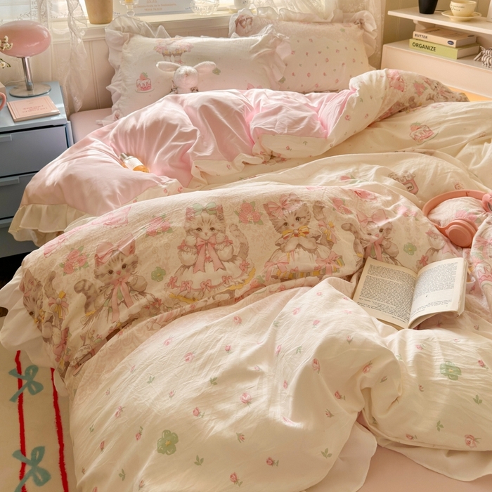 91家纺网 家纺一手货源 找家纺 慕澄家纺 2025新款法式浪漫风花边款水洗棉四件套 花边款-洛丽塔