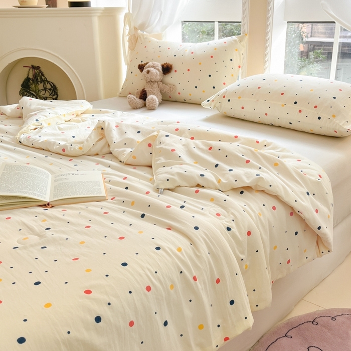 91家纺网 家纺一手货源 找家纺 星巴k家纺 2025糯糯棉A类大豆蛋白纤维夏凉被双层纱水洗棉夏被大豆被 彩色波点