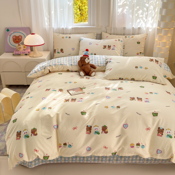 91家纺网 家纺一手货源 找家纺 清雅福 2025全棉13372小清新四件套和单品早春系列第一批 - 单被套 三只小熊