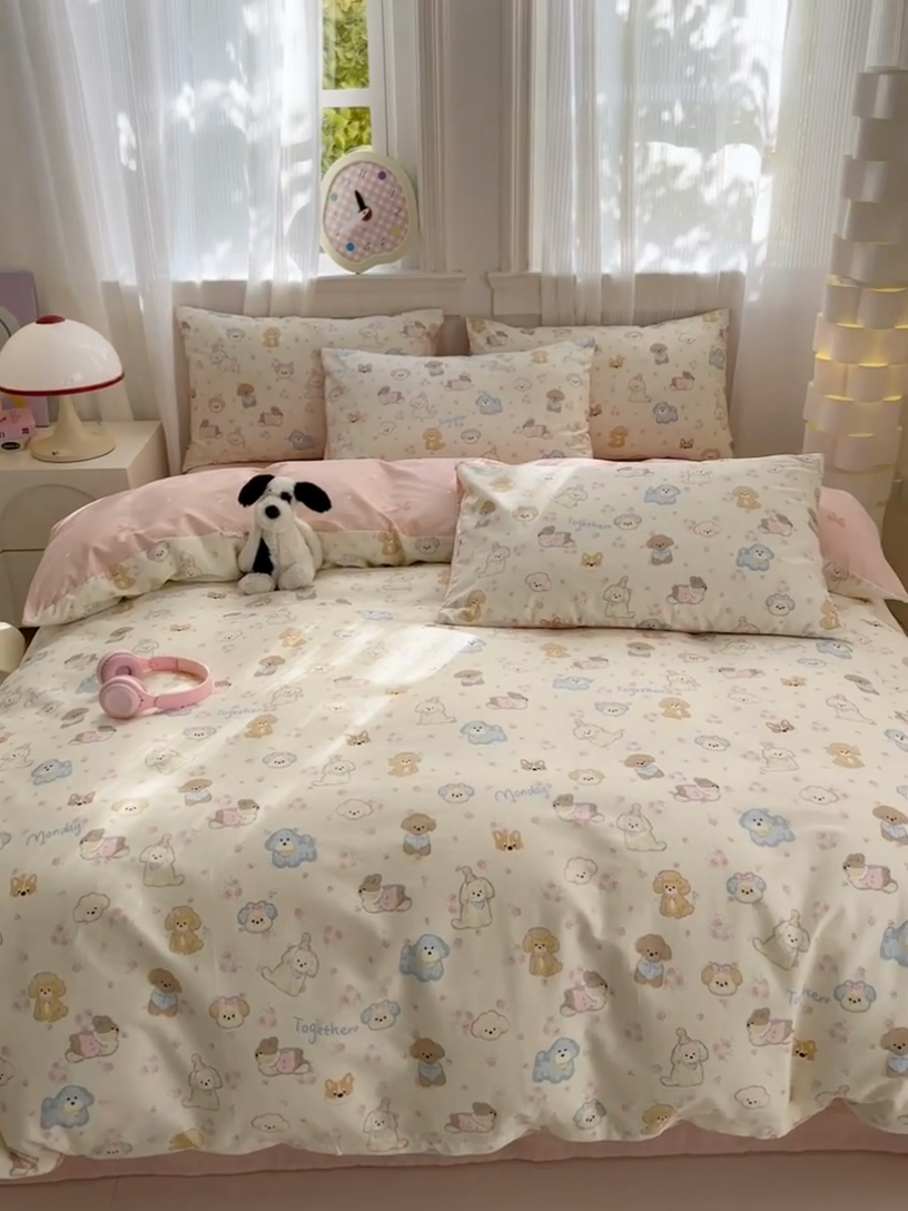 91家纺网 家纺一手货源 找家纺 清雅福 2025全棉13372小清新四件套和单品早春系列第一批-四件套 狗狗家族