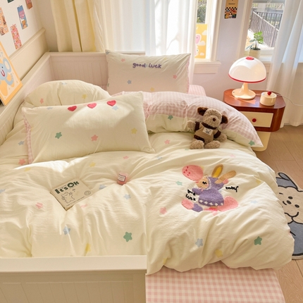 葡萄家 2025专版高克重超萌卡通格子双拼毛巾绣软糯糯水洗棉四件套 星星兔