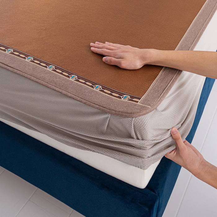 91家纺网 家纺一手货源 找家纺 阿牛席业2025新款冰藤凉席系列冰藤清爽床笠席 清爽-咖【床笠款】