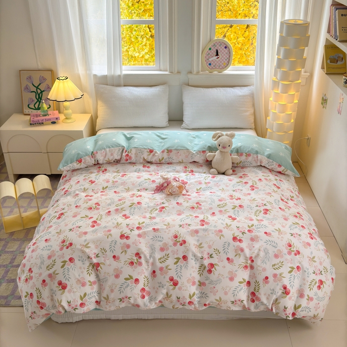 91家纺网 家纺一手货源 找家纺 清雅福 2025全棉13372小清新四件套和单品早春系列第一批 - 单被套 繁樱似梦