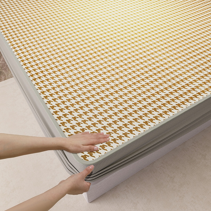 91家纺网 家纺一手货源 找家纺 阿牛席业 2025新款水洗冰晶系列-小边床笠款 大千鸟格-咖-床笠反面无纺布款