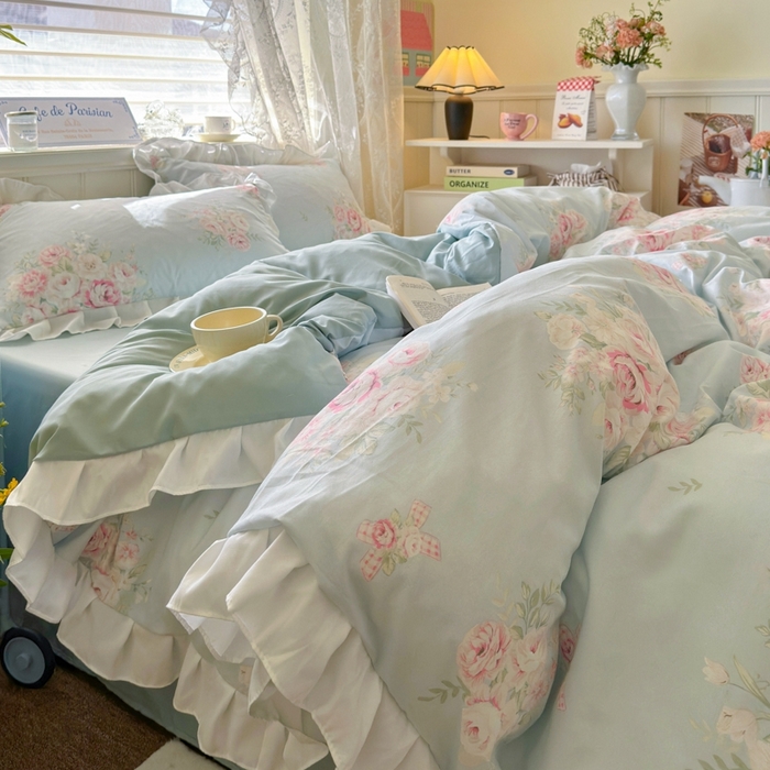 91家纺网 家纺一手货源 找家纺 （总）慕澄家纺 2025新款法式浪漫风花边款水洗棉四件套