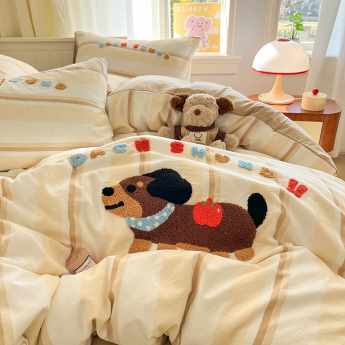 91家纺网 家纺一手货源 找家纺 葡萄家 2025专版高克重超萌卡通格子双拼毛巾绣软糯糯水洗棉四件套 腊肠狗狗