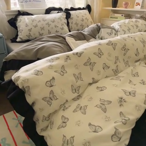 91家纺网 家纺一手货源 找家纺 慕澄家纺 2025新款法式浪漫风花边款水洗棉四件套 花边款-蝶恋