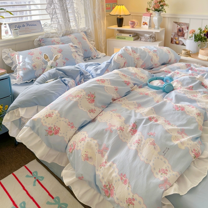 91家纺网 家纺一手货源 找家纺 慕澄家纺 2025新款法式浪漫风花边款水洗棉四件套 花边款-蓝色花语