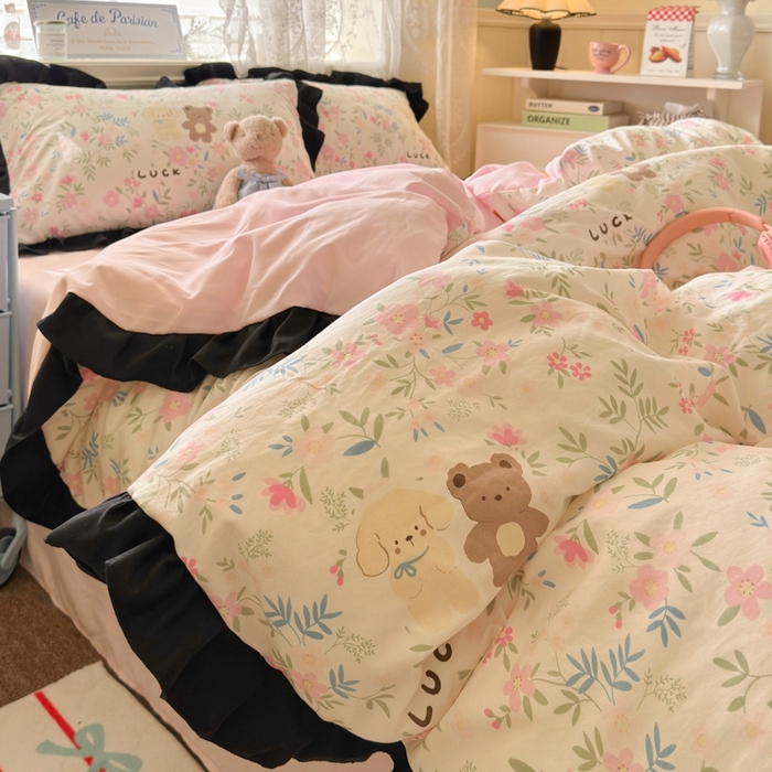 91家纺网 家纺一手货源 找家纺 慕澄家纺 2025新款法式浪漫风花边款水洗棉四件套 花边款-花园宝贝