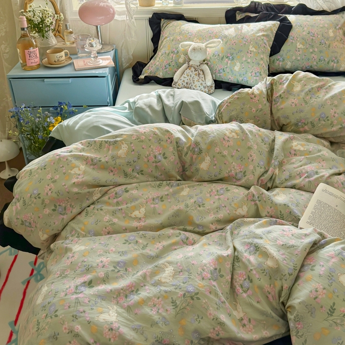 91家纺网 家纺一手货源 找家纺 慕澄家纺 2025新款法式浪漫风花边款水洗棉四件套 花边款-碎花兔兔