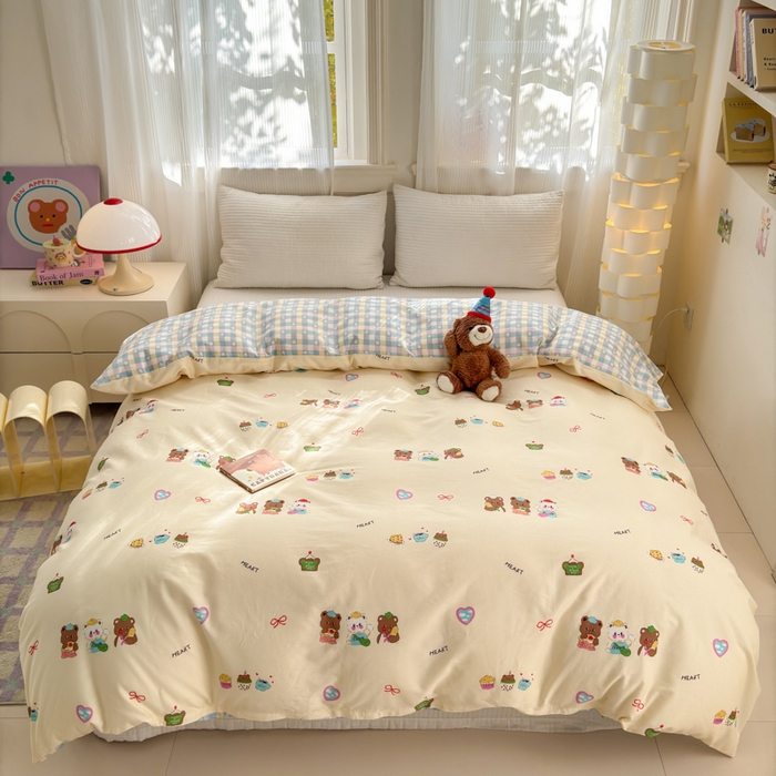 91家纺网 家纺一手货源 找家纺 清雅福 2025全棉13372小清新四件套和单品早春系列第一批 - 单被套 三只小熊