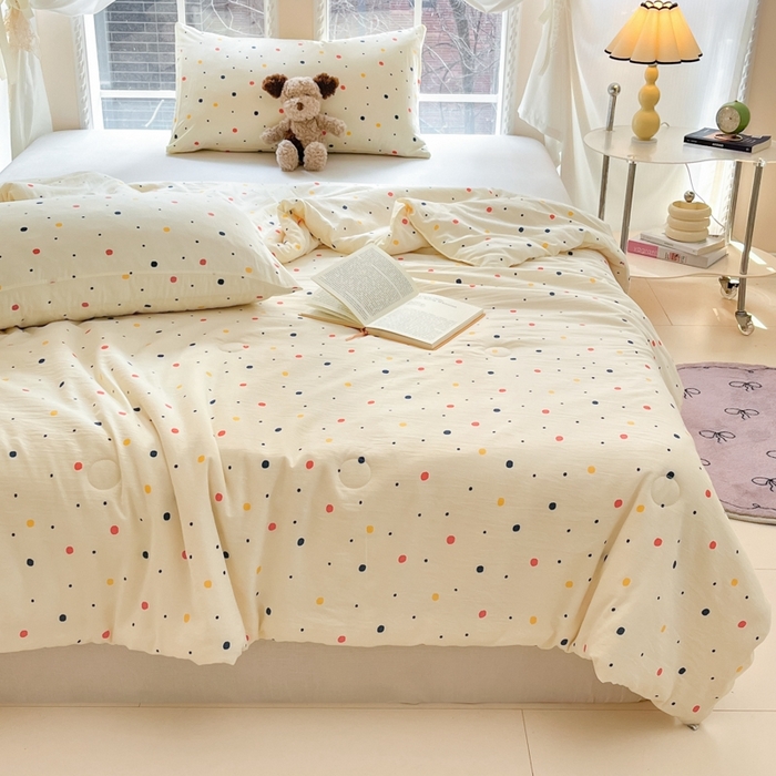 91家纺网 家纺一手货源 找家纺 星巴k家纺 2025糯糯棉A类大豆蛋白纤维夏凉被双层纱水洗棉夏被大豆被 彩色波点