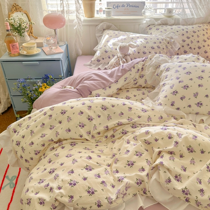 91家纺网 家纺一手货源 找家纺 慕澄家纺 2025新款法式浪漫风花边款水洗棉四件套 花边款-兔寻花