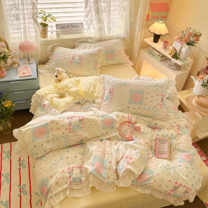 91家纺网 家纺一手货源 找家纺 慕澄家纺 2025新款法式浪漫风花边款水洗棉四件套 花边款-格子铺