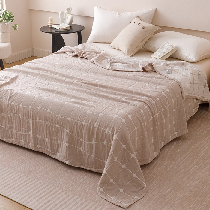 91家纺网 家纺一手货源 找家纺 朴尔家纺-毛巾被 2025新款全棉水洗柔绉三层纱布毛巾被 趣想-驼