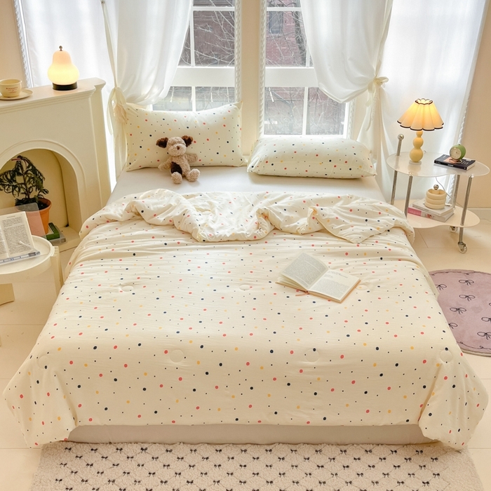 91家纺网 家纺一手货源 找家纺 星巴k家纺 2025糯糯棉A类大豆蛋白纤维夏凉被双层纱水洗棉夏被大豆被 彩色波点