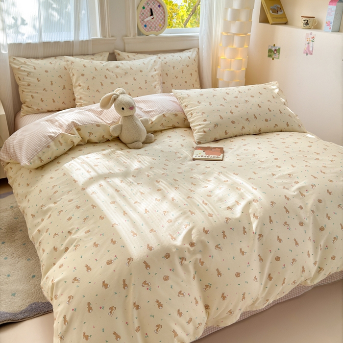 91家纺网 家纺一手货源 找家纺 清雅福 2025全棉13372小清新四件套和单品早春系列第一批 - 单被套 兔精灵