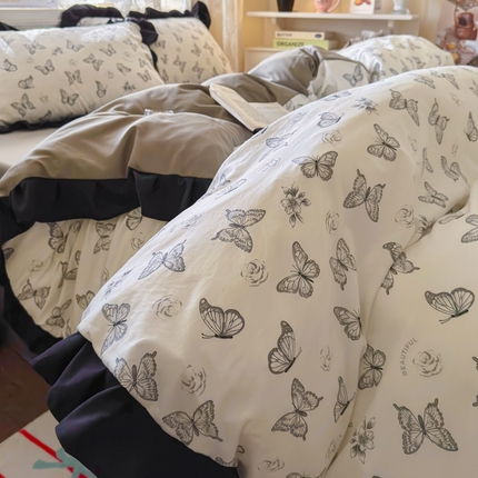 慕澄家纺 2025新款法式浪漫风花边款水洗棉四件套 花边款-蝶恋