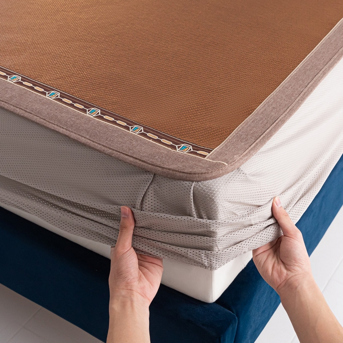 91家纺网 家纺一手货源 找家纺 阿牛席业2025新款冰藤凉席系列冰藤清爽床笠席 清爽-咖【床笠款】