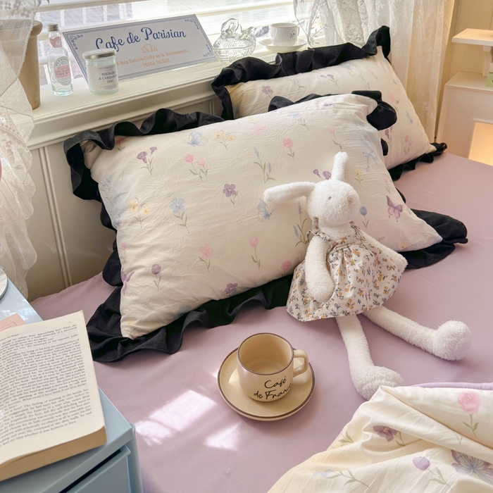 91家纺网 家纺一手货源 找家纺 慕澄家纺 2025新款法式浪漫风花边款水洗棉四件套 花边款-觅蝶