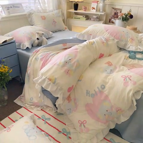 91家纺网 家纺一手货源 找家纺 慕澄家纺 2025新款法式浪漫风花边款水洗棉四件套 花边款-小象