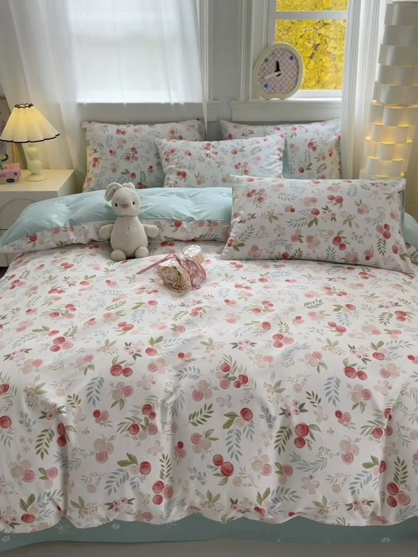 91家纺网 家纺一手货源 找家纺 清雅福 2025全棉13372小清新四件套和单品早春系列第一批-四件套 繁樱似梦