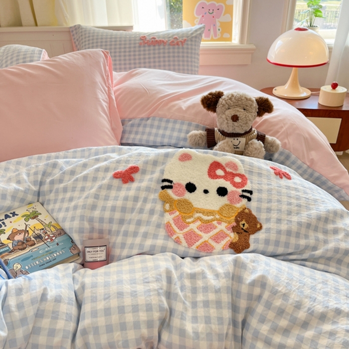 91家纺网 家纺一手货源 找家纺 （总）葡萄家 2025专版高克重超萌卡通格子双拼毛巾绣软糯糯水洗棉四件套