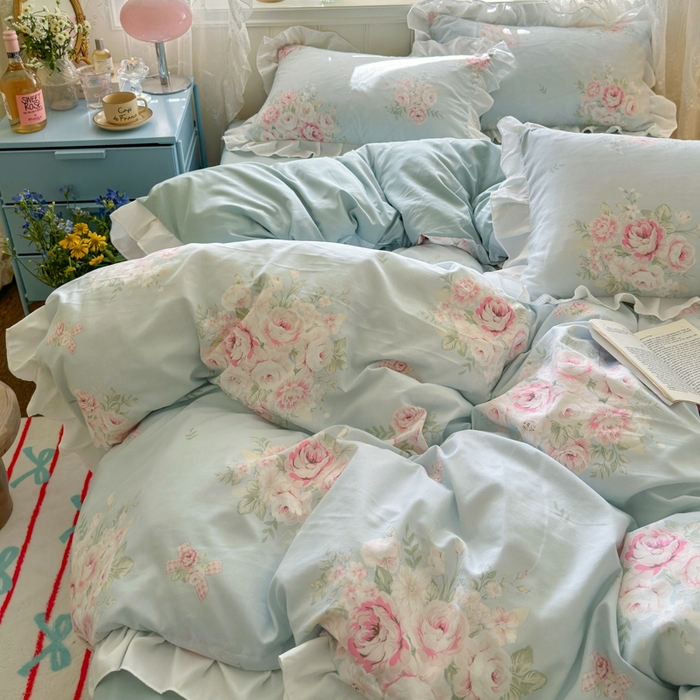 91家纺网 家纺一手货源 找家纺 慕澄家纺 2025新款法式浪漫风花边款水洗棉四件套 花边款-爱丽丝