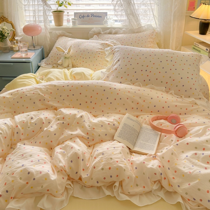 91家纺网 家纺一手货源 找家纺 慕澄家纺 2025新款法式浪漫风花边款水洗棉四件套 花边款-奶油波点