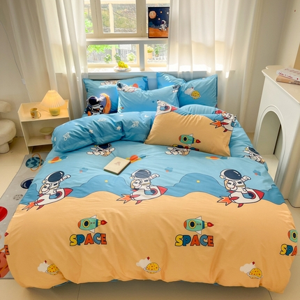 91家纺网 家纺一手货源 找家纺 孩子王家纺 2025新款亲肤活性小版纯棉专版太空人卡通学生儿童宿舍四件套系列 奇幻宇宙
