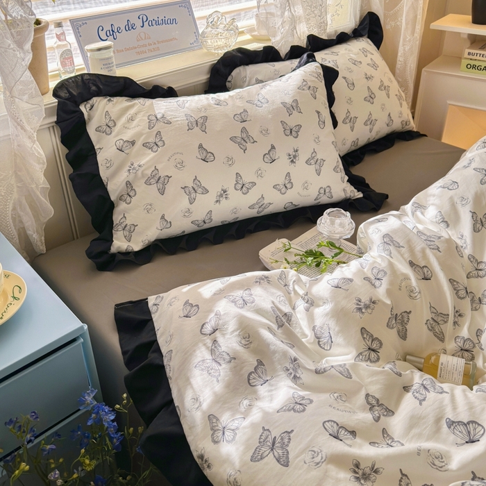 91家纺网 家纺一手货源 找家纺 慕澄家纺 2025新款法式浪漫风花边款水洗棉四件套 花边款-蝶恋