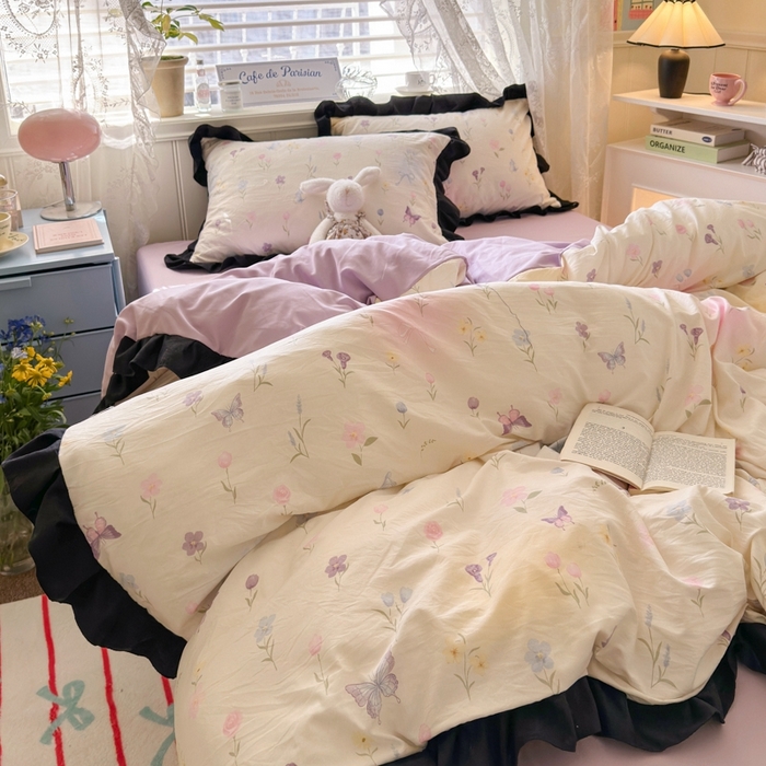 91家纺网 家纺一手货源 找家纺 慕澄家纺 2025新款法式浪漫风花边款水洗棉四件套 花边款-觅蝶