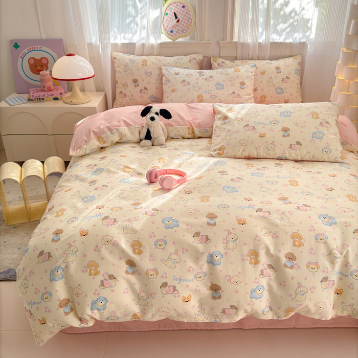 91家纺网 家纺一手货源 找家纺 清雅福 2025全棉13372小清新四件套和单品早春系列第一批-四件套 狗狗家族