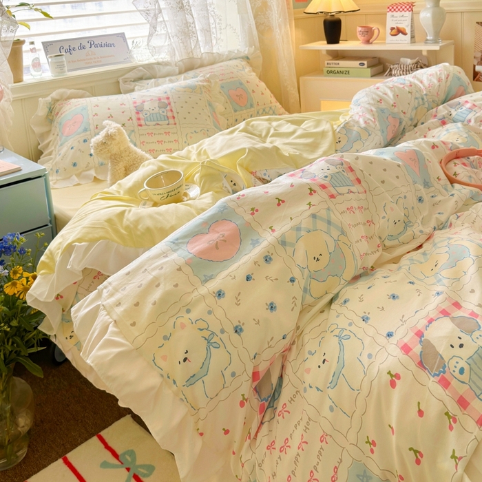 91家纺网 家纺一手货源 找家纺 慕澄家纺 2025新款法式浪漫风花边款水洗棉四件套 花边款-格子铺