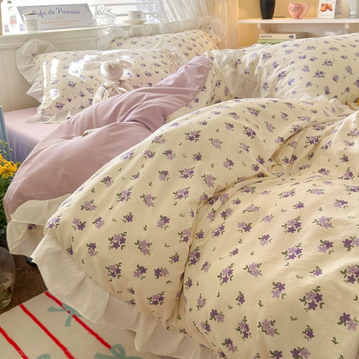 91家纺网 家纺一手货源 找家纺 慕澄家纺 2025新款法式浪漫风花边款水洗棉四件套 花边款-兔寻花