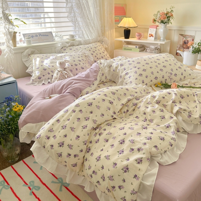 91家纺网 家纺一手货源 找家纺 慕澄家纺 2025新款法式浪漫风花边款水洗棉四件套 花边款-兔寻花