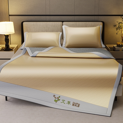 阿牛席业 2025新款水洗冰晶系列-宽头绣复三明治条席 水云间-咖-反面三明治款条席