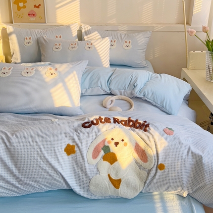 逸尚阁 2025新款可爱兔毛巾绣水洗棉四件套【提供买家秀】 甜心兔-蓝格